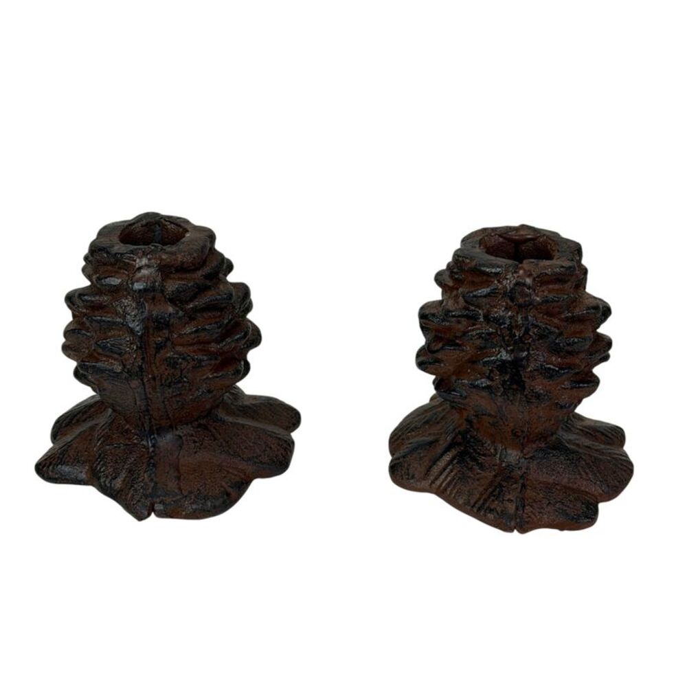 Set of 2 Pine Cone Taper Candle Holders Rustic Brown Cast Iron 3.5 In
